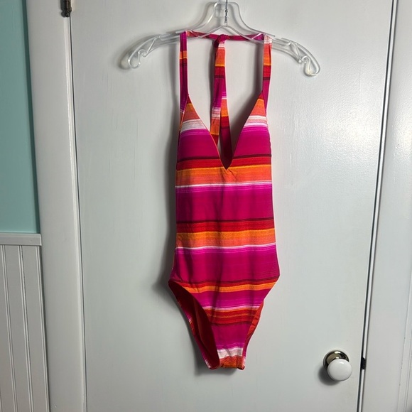NWOT Trina Turk Solstice Plunge One Piece Swimsuit Pink Orange Stripe Size 8 - Picture 2 of 8